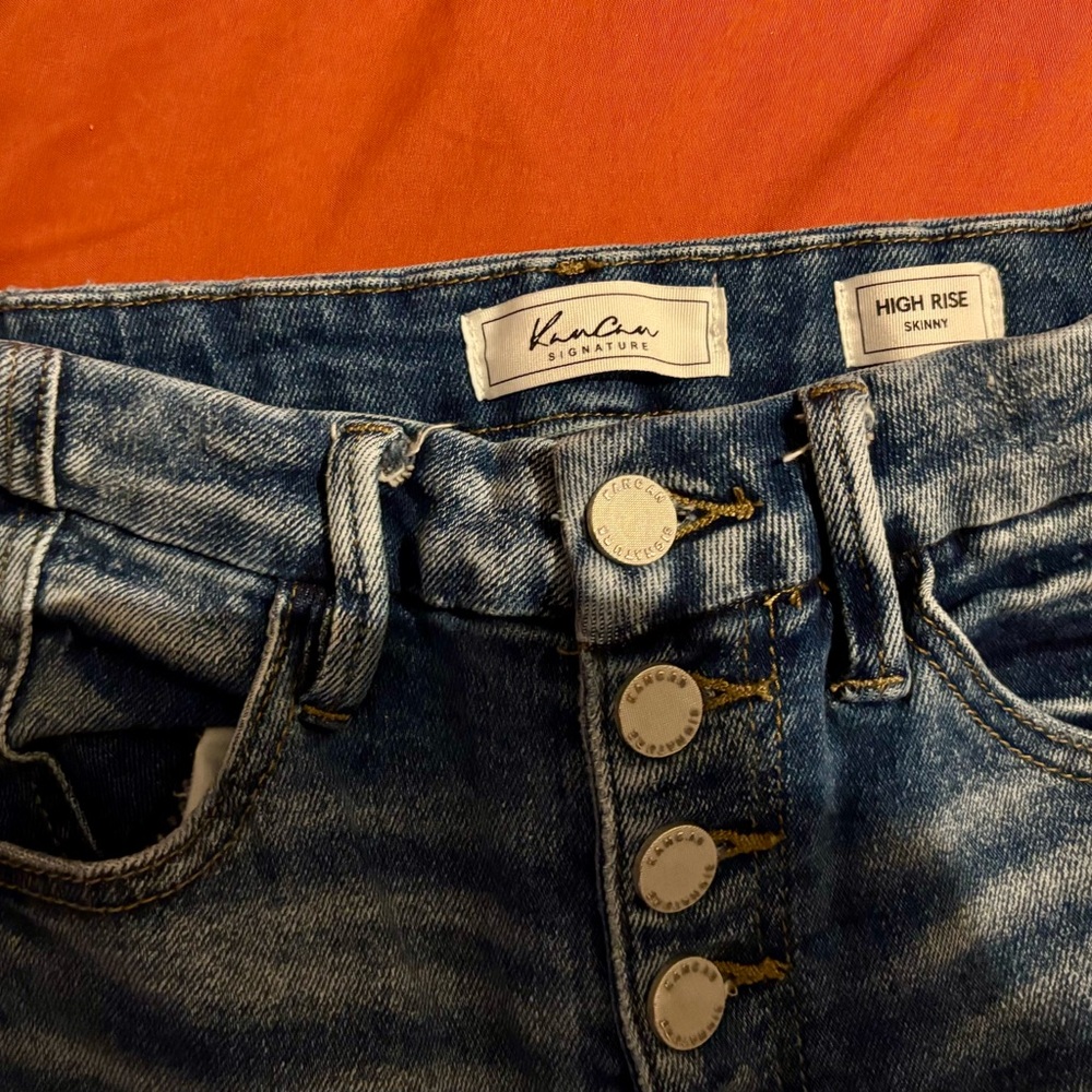 KanCan High Rise Skinny Jeans - Blue Denim with Silver Buttons